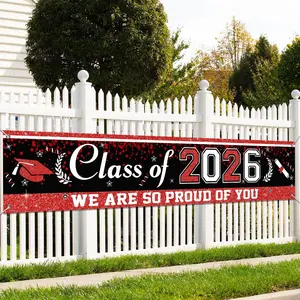 1 black-and-red graduation banner, large graduation decoration, Class of 2026 graduation banner, congratulatory banner for hanging in the courtyard, and indoor and outdoor party supplies
