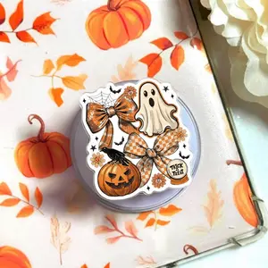 Vintage Halloween Ghost Coquette Phone Grip, Spooky Season Floral Fall Pumpkin Bow Pop Socket, Retro Checkered Witchy Vibes Kickstand Gift