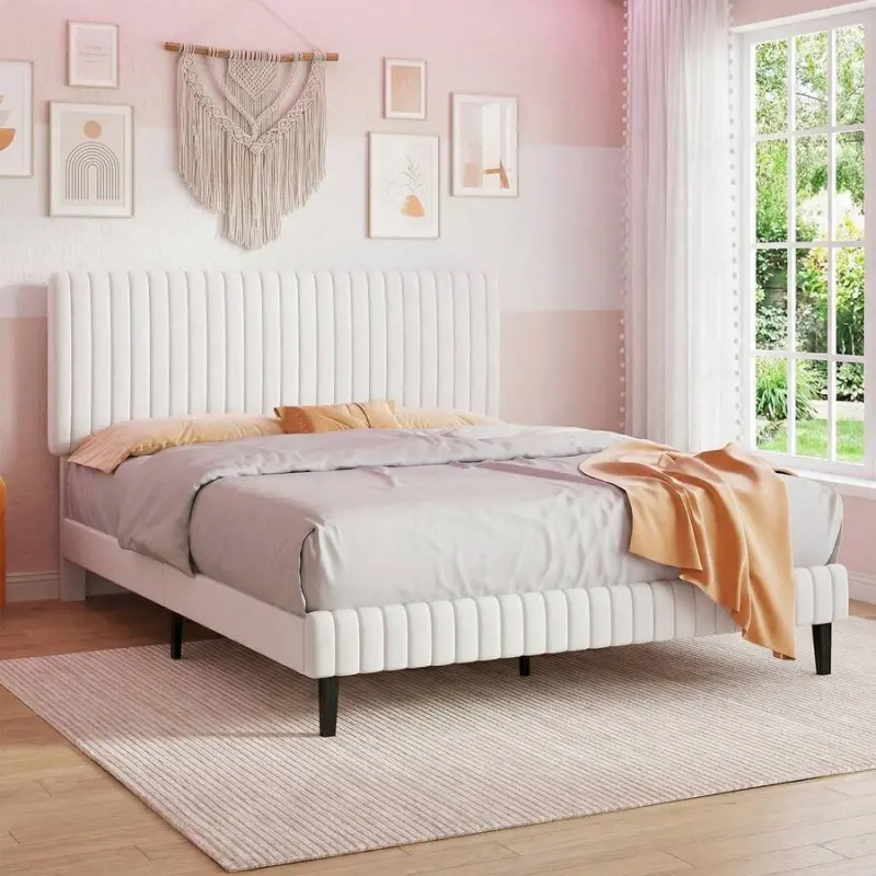 Queen Size Velvet Upholstered Platform Bed Frame - Modern Classic Style with Vertical Channel Tufted Headboard, Easy Setup for Twin, Full, King Mattresses, White, Elevated Headboard Bed Frame, Queen Size Bed Frame, Twin Bed Frame