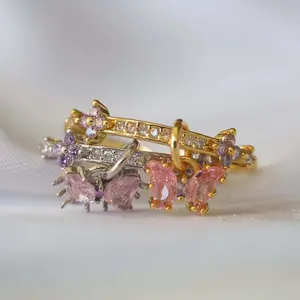 Women's New Blush Pink Metal Butterfly Dangle Open Adjustable Ring - Charm, Brightly Colored, Pastel Glittery Butterfly Ornament Ring with Floral Zircon for Party, Gift Jewelry, Charm Rings, Brightly Colored Rings