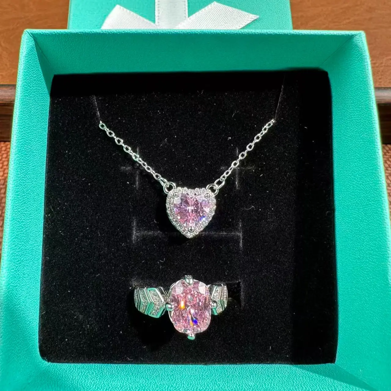 Pink Heart & Oval Cubic Zirconia Silver Plated Necklace & Ring Jewelry Set NO.001