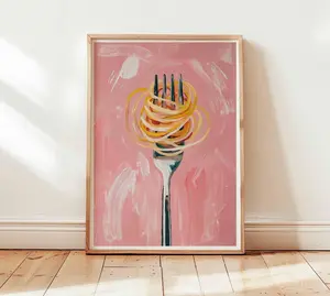 Pasta Wall Art Print, modern pink kitchen decor with spaghetti fork, abstract food artwork for dining room or Italian restaurant
