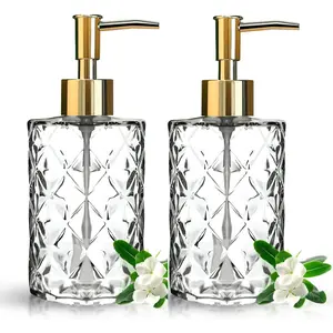330ml/ 12oz Glass Soap Dispenser, 2pcs Hand Soap Dispensers Glass Bottle with Plastic Pump, Transparent Kitchen Soap Dispenser for Bathroom Counter, Laundry Room (Gold)