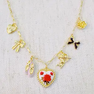 Ballet Garden Charm Necklace – Whimsical Gold Chain with Rose, Swan, Angel & Ballet Shoe Charms