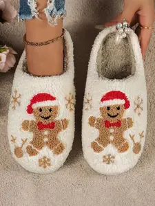 2024 Women's New Autumn/Winter Christmas Gingerbread Man & Snowflake Embroidered Pattern Warm Slippers, Closed Toe, Soft Indoor Bedroom Slippers Women's Over