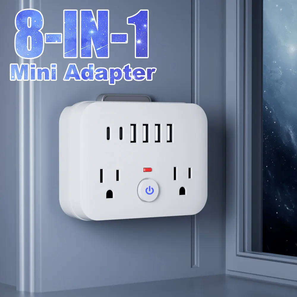 Mini Converter, Travel Adapter Plug, Standard US Socket, 4 USB-A Ports, 2 USB-C Ports, 2 AC Power Outlets, Black/white Options, Compact 8-in-1 Power Socket.