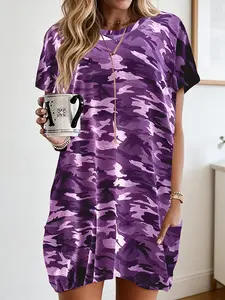 Plus Size Camo Round Neck Batwing Short Sleeve Dress, Loose Fit Conceals Belly, Casual Lazy Girl Skirt with Pockets, Medium Length Top Womenswear Camouflage