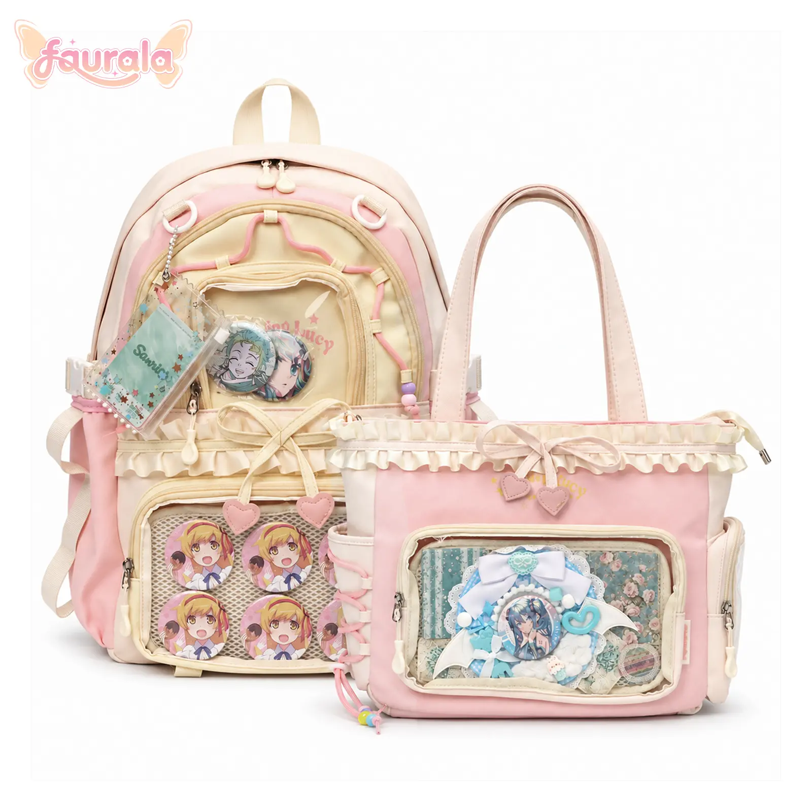 FAURALA Pastel Kawaii Ita Bag & Backpack Matching Set - Cute Ruffle Trim Tote, Multi-Pocket School Bag with Pin Window View, Spacious Compartments, Adjustable Straps for Daily Use (Pins, Plush Not Included)