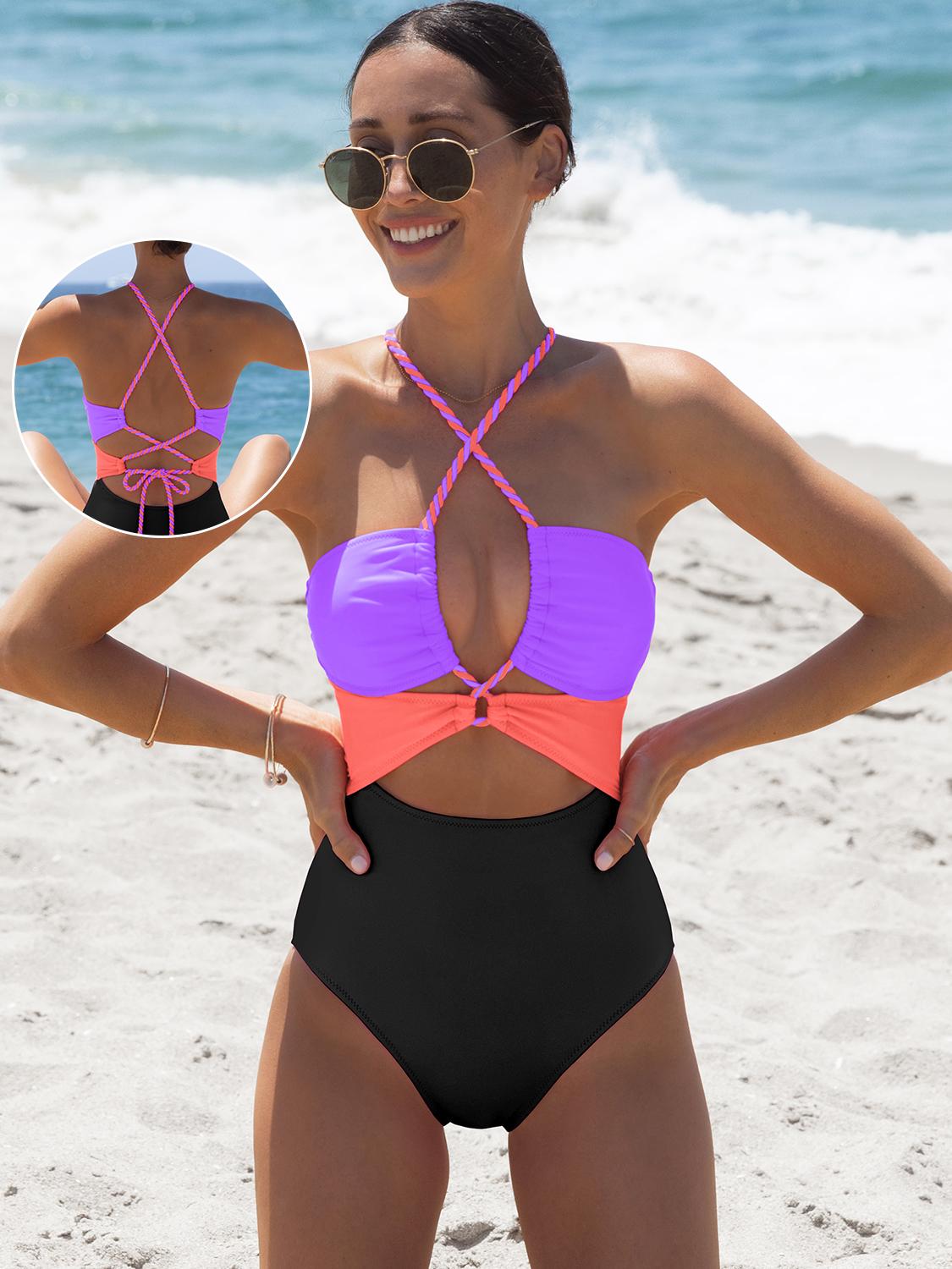 Popvil 【Built-in Sewn-in Pads】 Color Block Front Cutout One Piece Swimsuit, Tummy Control High Waisted Neon Swimsuit with Back Strap,Neon One Piece for Women