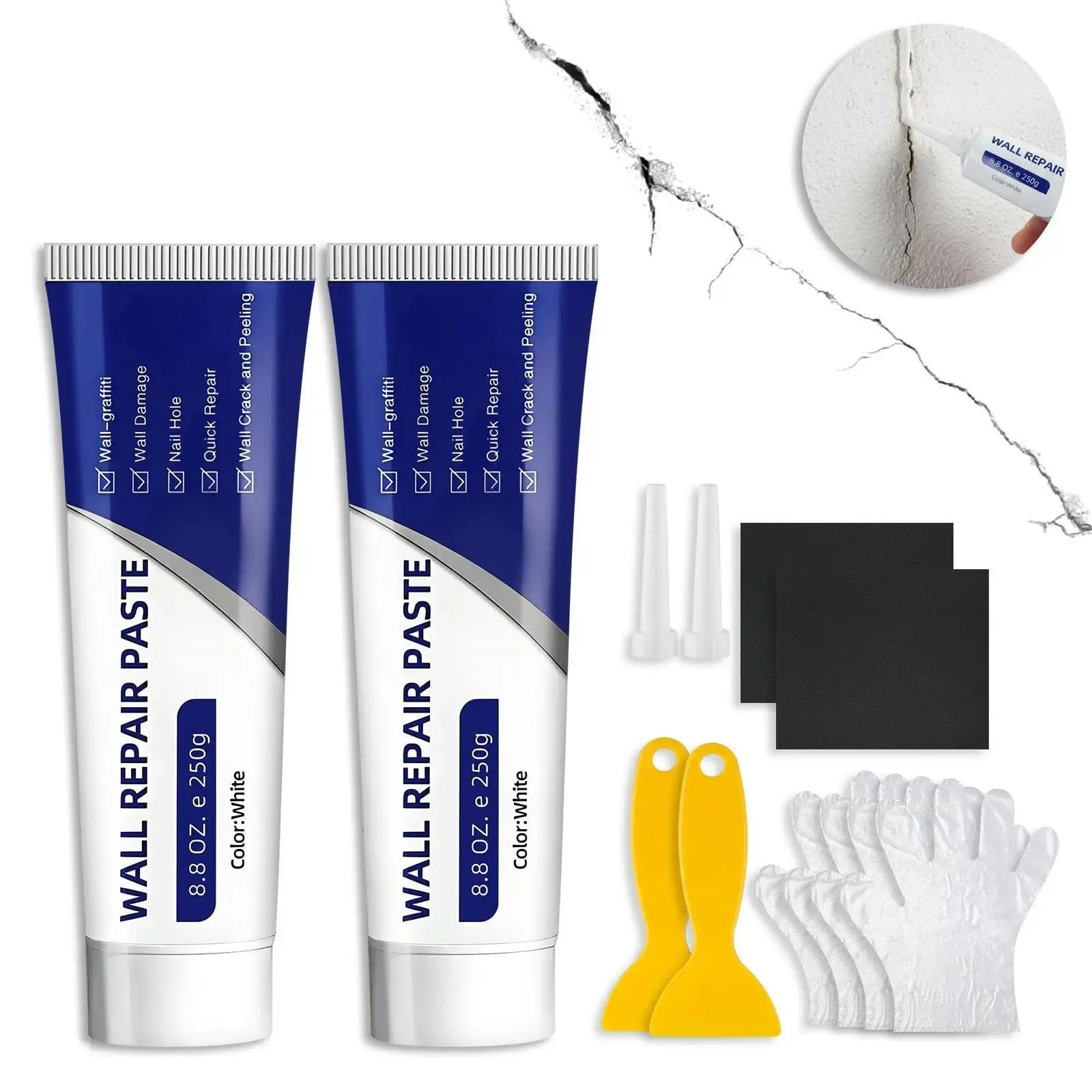 2x250g Drywall Wall Fix Tube Set, 2-Piece Spackle Repair Kit with Scraper & Sandpaper, Effective for Scratches, Holes, Cracks & Graffiti