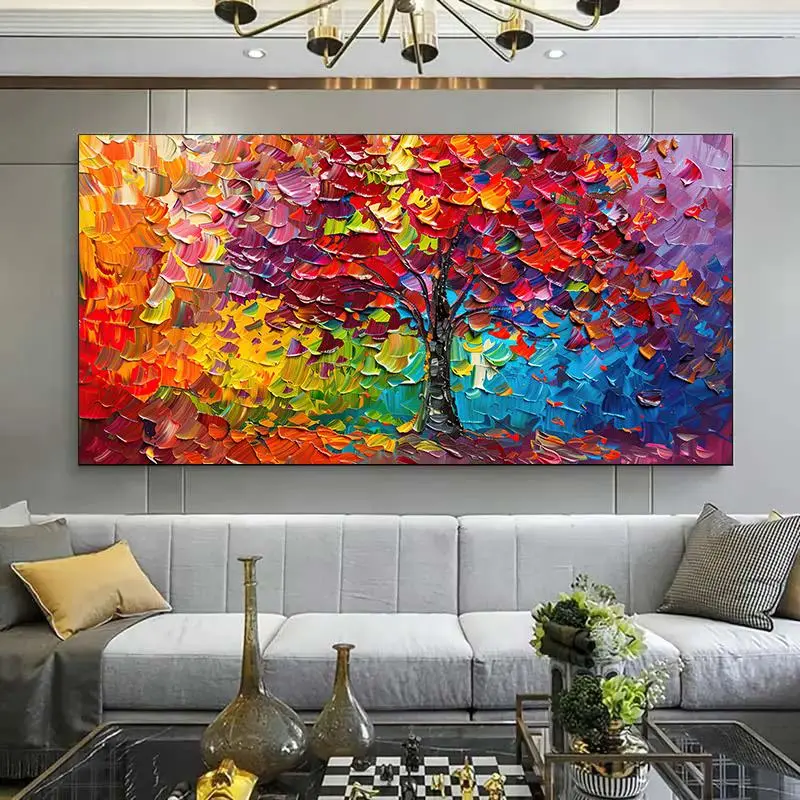 1 Framed Canvas Painting - Modern Abstract Colorful Tree Canvas Art Print, Colorful Textured Wall Decor for Living Room and Office Decoration Ornaments
