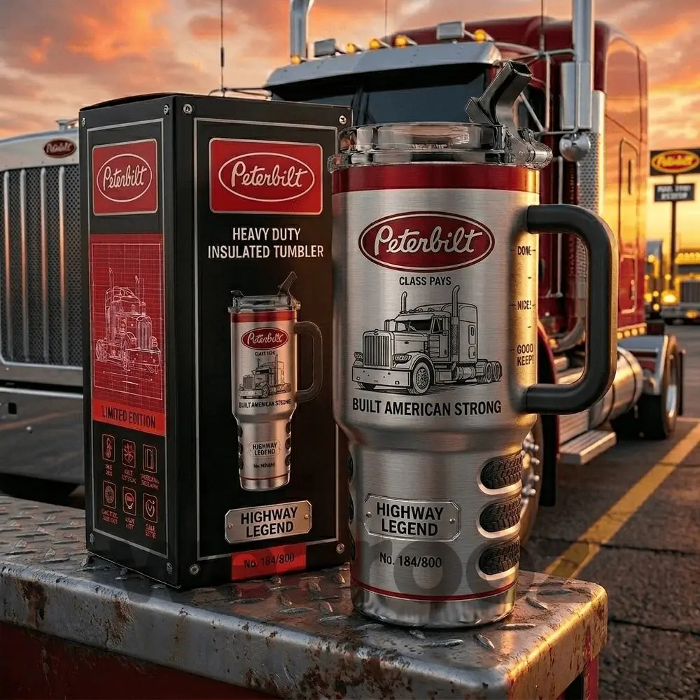 Peterbilt Highway Legend 40oz Tumbler With Handle, Premium Vacuum Insulated Stainless Steel Travel Mug, Heavy Duty Truck Collector's Edition Gift