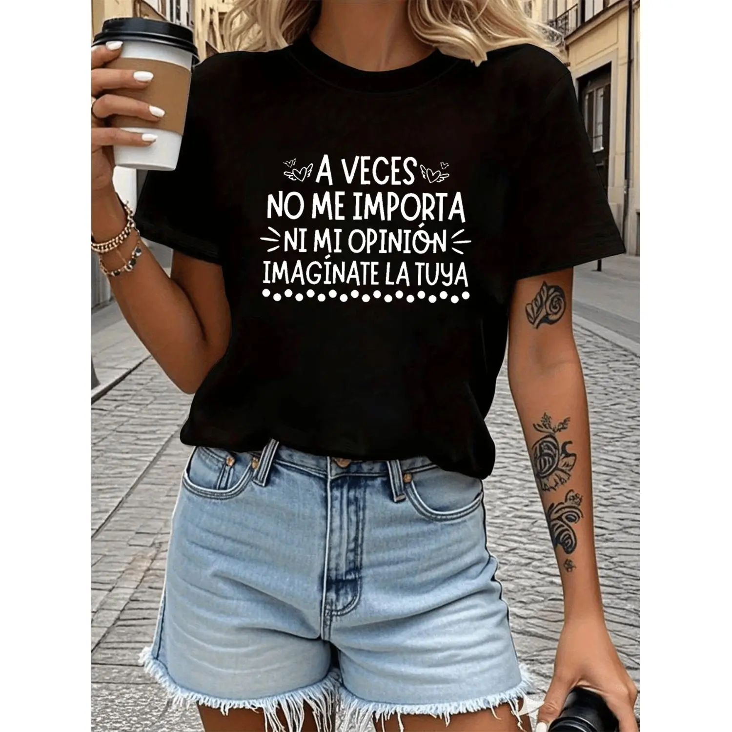Women's Funny Spanish Phrase T-Shirt "Sometimes I Don't Even Care About My Own Opinion" - Sarcastic Spanish Quote Short Sleeve Crew Neck Blouse Top Suitable for Spring & Summer Casual Wear