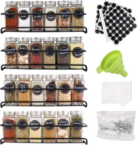 Spice Rack Wall Mount, 4 Pack Hanging Spice Rack with 24 Spice Jars, 180 Spice Labels, Whiteboard Marker & Funnel, Screw or Adhesive Spice Rack Organizer for Cabinet.Wall.Metal Glass Kitchen