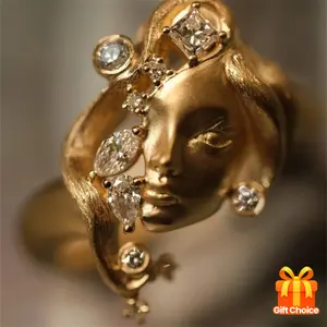 Elegant Vintage Style Gold Portrait Ring with Gemstone Embellishments - Handcrafted Alloy Art Designer Jewelry, Ideal Birthday or Valentine's Day Gift for Women, Wedding Jewelry