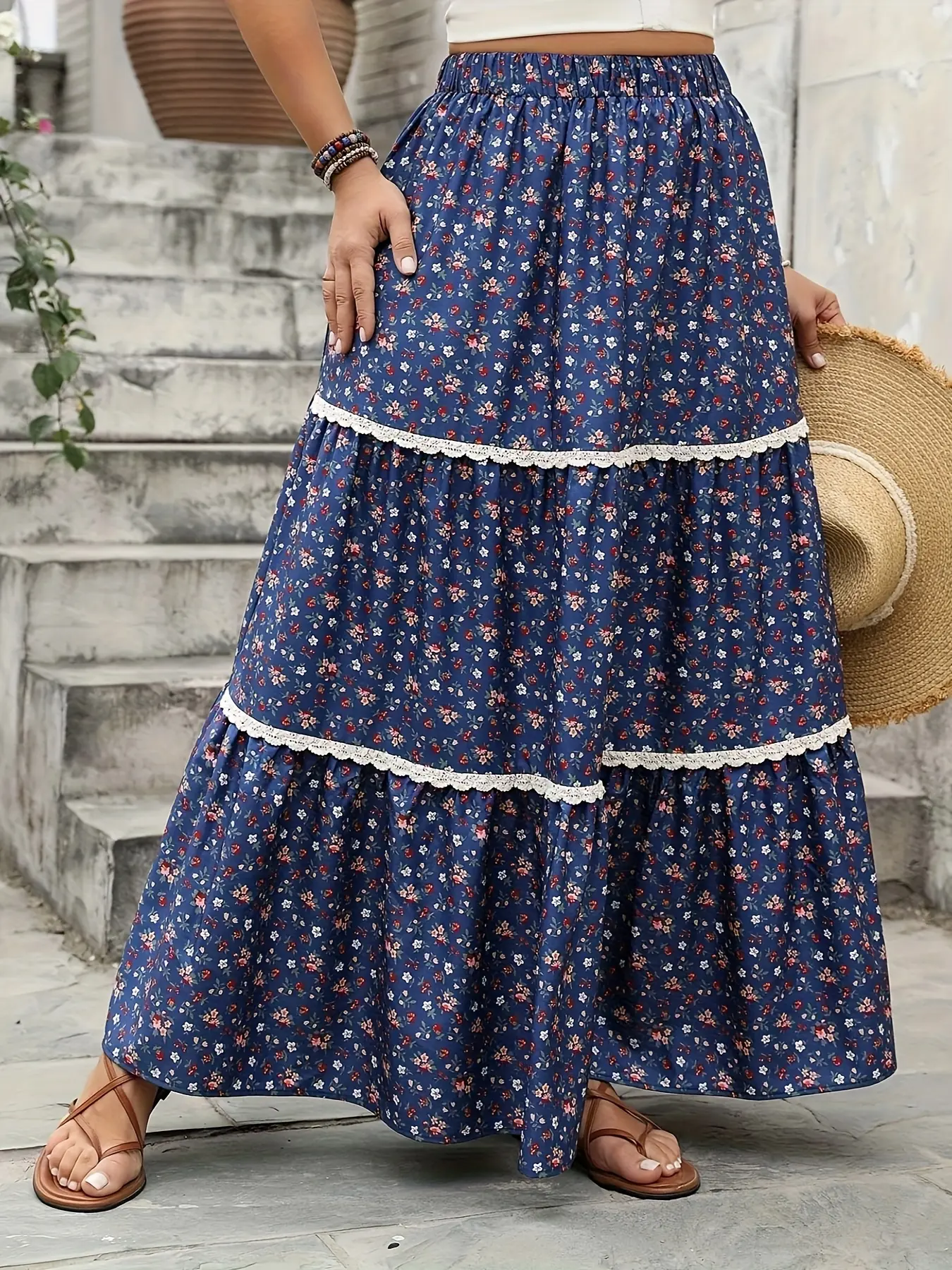 Plus Size Women's Casual Boho Bohemian A-Line Flared Woven Skirt, High Waist Floral Print Patchwork Design, Comfortable & Stylish, Perfect for Daily Wear