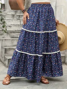 Plus Size Women's Casual A-Line Woven Skirt, High Waist Floral Patchwork Design, Comfortable & Stylish, Perfect for Daily Wear
