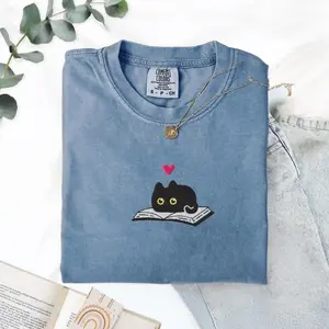 [MADE IN US] Black Cat and Book Embroidered Comfort Colors Tee, Gift for Readers, Kitten Reading Shirt, Crewneck Cozy Book Club T-Shirts for Fall Gifts, Gift For Cat & Book Lovers