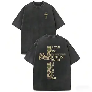 Men’s Washed Faith T-Shirt, Philippians 4:13 Camo Cross Graphic Tee, Christian Streetwear, Inspirational Bible Verse Top