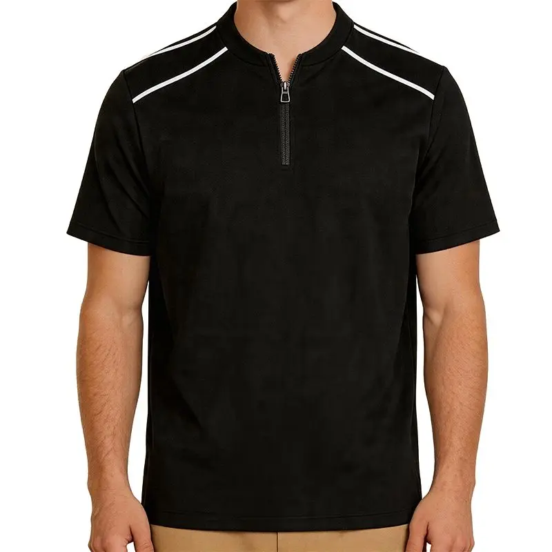 Men's Zippered Collarless Short Sleeve Polo Shirts - Casual Classic Menswear for Golf