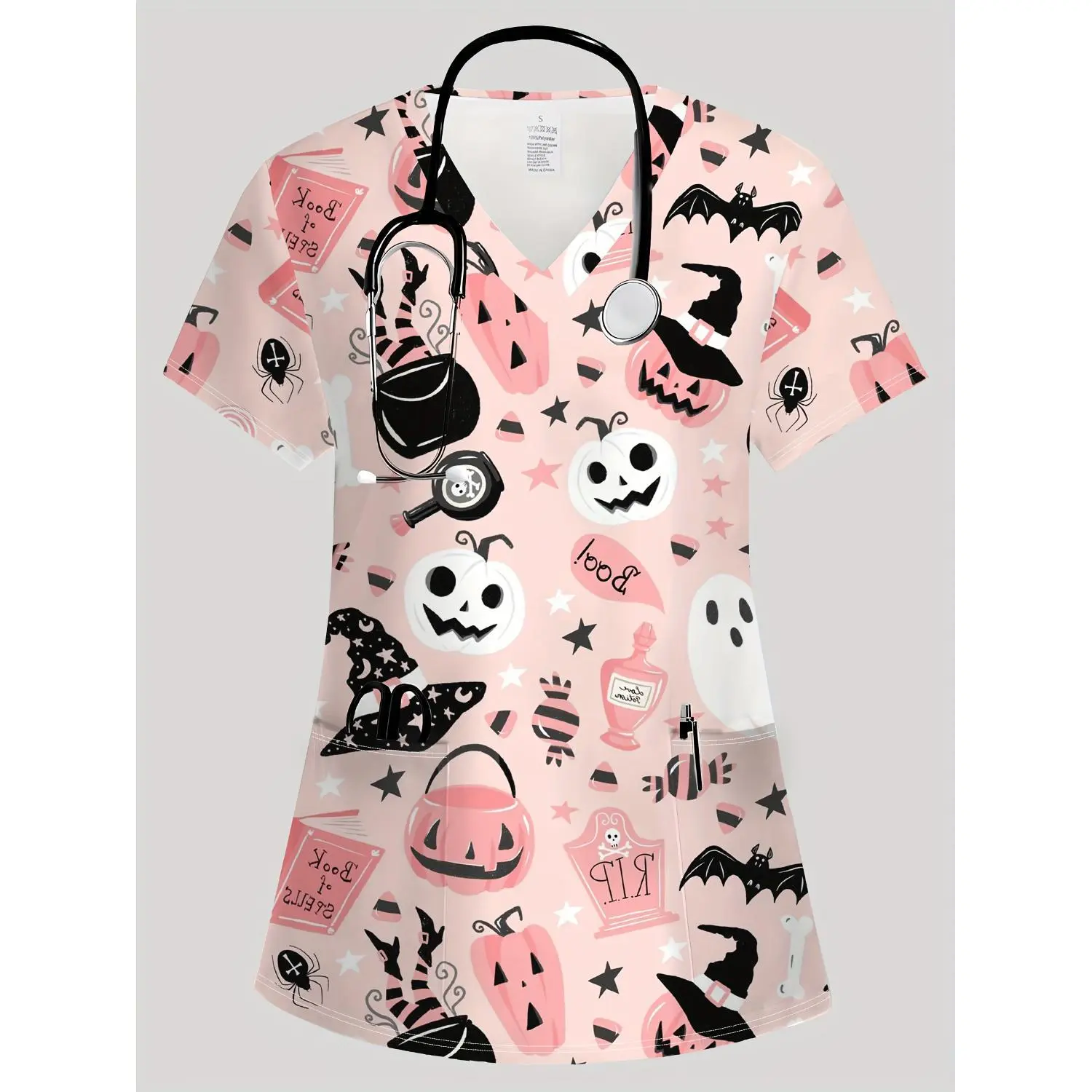 Halloween-Themed Nursing Scrubs for Women - Cute Pumpkin, Bat & Witch Hat Designs - Comfortable V-Neck Tops for Nurses & Costume Parties - Soft Breathable Polyester All-Season Workwear