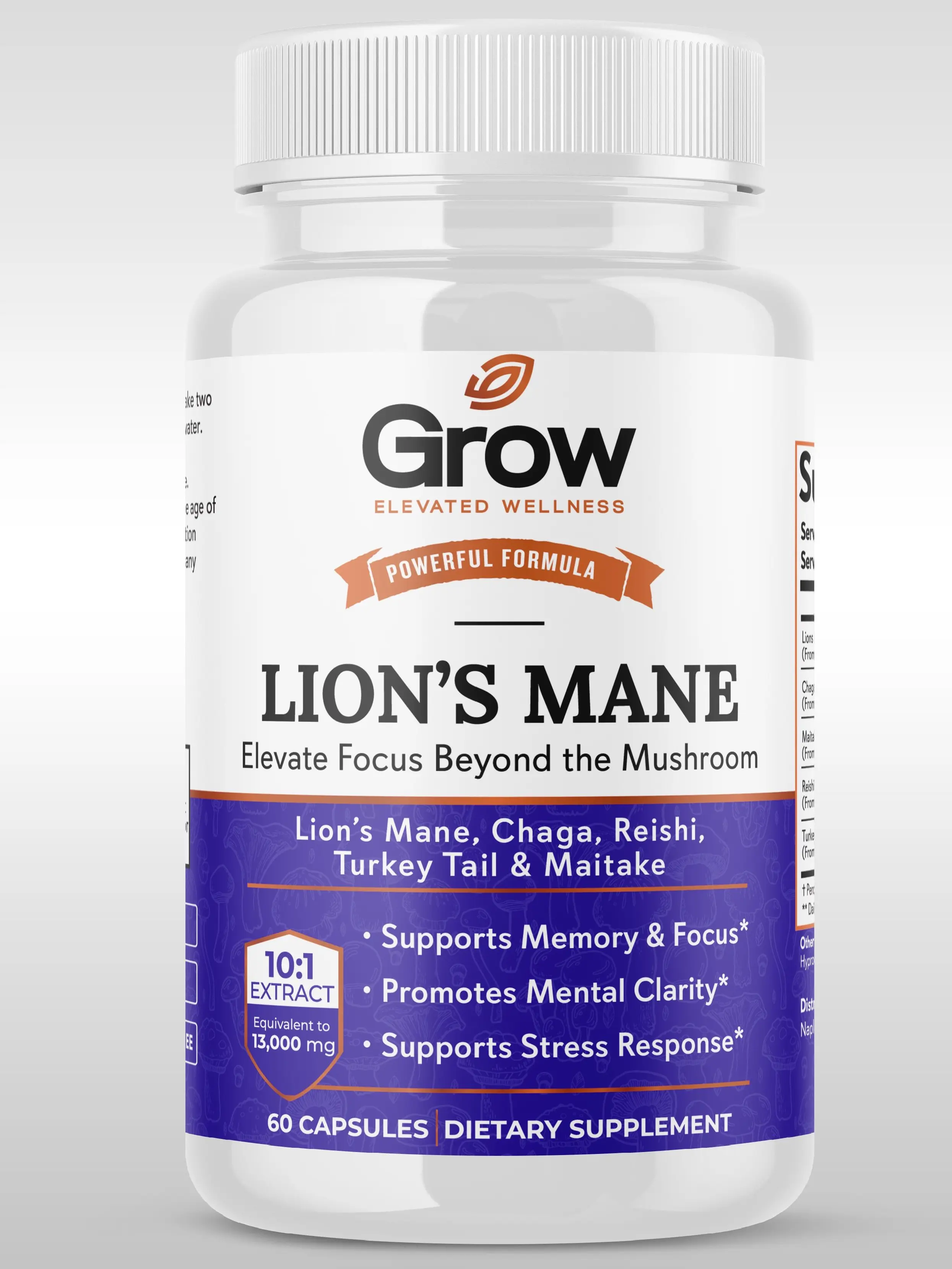 Grow Vitamin Brain Dietary Supplement Bottle - 13000mg 12-in-1 Nootropic Complex, Boosts Focus, Memory Support, Lion's Mane, Chaga, Reishi, Turkey Tail, Maitake, Neuro Health, Caffeine Free, FDA Registered, Made in USA, 60 Capsules
