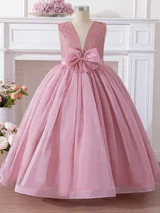 Girl's Glitter Tulle Overlay Belted Sweater Dress, Elegant Fashion Casual V Neck Long Sleeve Dress for Party Wedding Guest, Kids Clothes for Fall