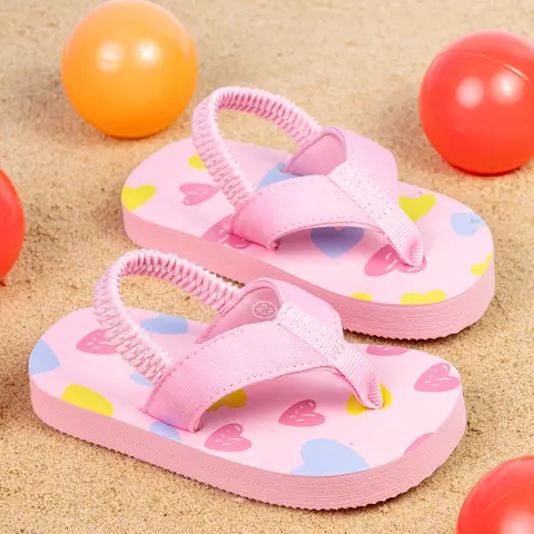Spring Summer Baby Flip Flop Sandals with Elastic Strap, Soft Comfortable Cartoon Heart Pattern, Cute Versatile Slippers for Vacation Beach Indoor Use, Soft Soled Shoes, Kids Shoes, Lightweight Sandal