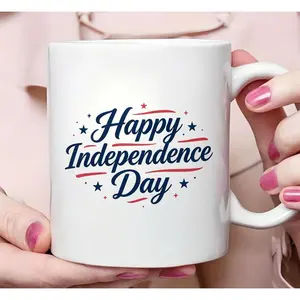 11oz Ceramic Drink Mug - Happy Independence Day Warm Wording, Trendy Style, Novelty Festival Gift, Ideal for Home, Office Use, Washable Customizable Personalizable Graphic Mug