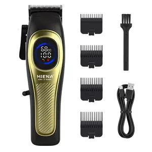 This electric hair clipper features a gold black color scheme, equipped with a powerful motor, precise T-shaped blades, LCD display screen, and rechargeable lithium battery. This wireless electric hair cutting set includes four positioning combs