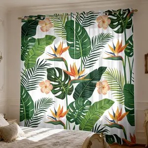 Green Leaf Sheer Curtains 63 Inch Length for Living Room, Tropical Patterned Semi Sheer Light Filtering Curtains for Bedroom Dining Room, Grommet Modern Window Drapes 2 Panels Set