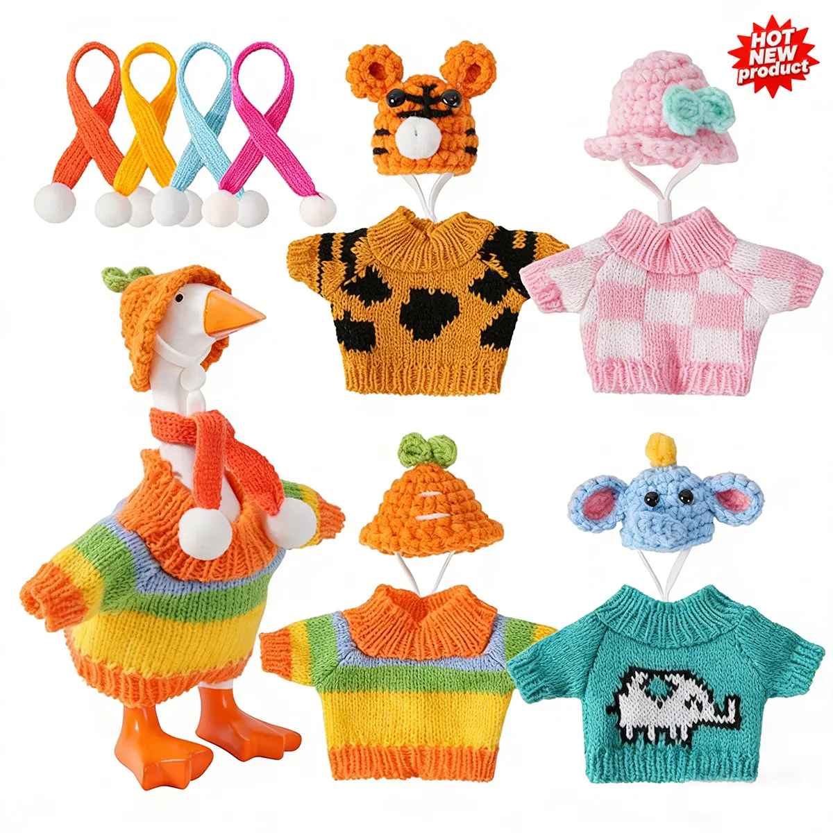 Women's 4PCS Knitting Desk Goose Outfit Set - Wool Mini Sweater with Hat for Magnetic Goose Key Holder, Small Animal Statue Decor, Holiday Gifts