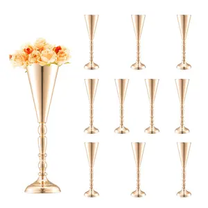 Set Of 10 Tall Flower Vases In Metal Gold Finish, 43 Cm (16.9 Inches) Height Trumpet Style Centerpiece Vases For Wedding Tables, Durable Metal Construction, Elegant Table Decor For Events And Parties
