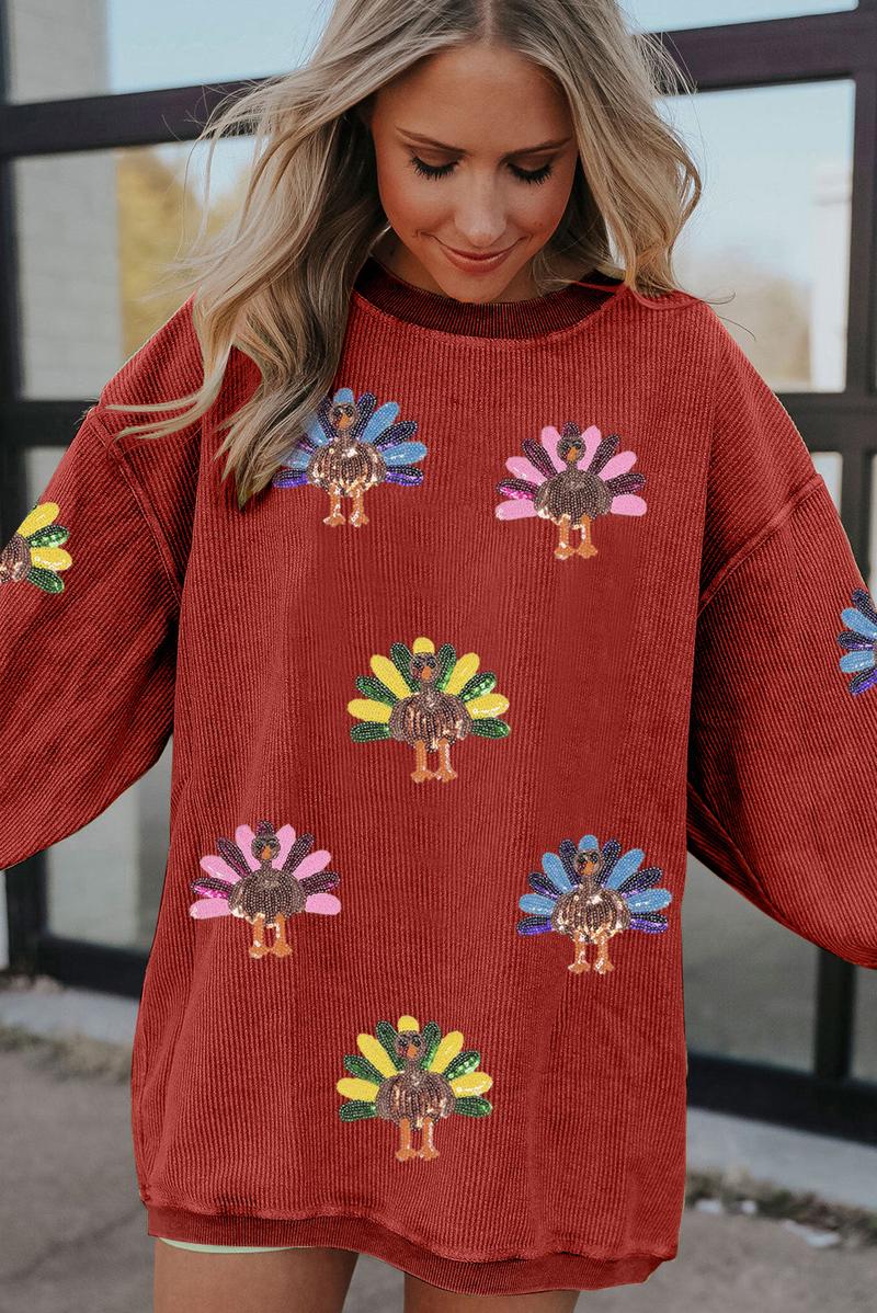Mntaor Women's Thanksgiving Sweatshirt with Sequin Turkey Graphic Corded Baggy Long Sleeve Winteroutfit Round Neck Casual Tops for Comfortable Wear Mntaor Women's Thanksgiving Sweatshirt with Sequin Turkey Graphic Corded Baggy Long Sleeve Winteroutfit Round Neck Casual Tops for Comfortable Wear