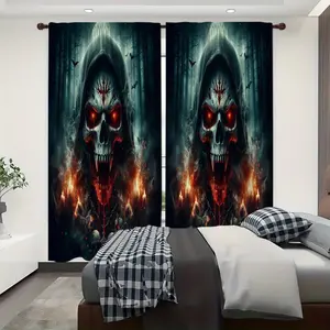 2pcs  Halloween Santa Muerte Decor Curtain Rod Pocket Curtains Semi Blackout Curtains, Bedroom, Living Room, Window, Kitchen, Office, Home Decor, Home Decoration Curtain