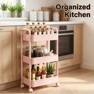 Pink 3-Tier Rolling Storage Cart with Lockable Wheels & Side Handles, Multi-Purpose Utility Organizer Trolley for Bathroom, Kitchen, Makeup, Bedroom, Office Salon Storage