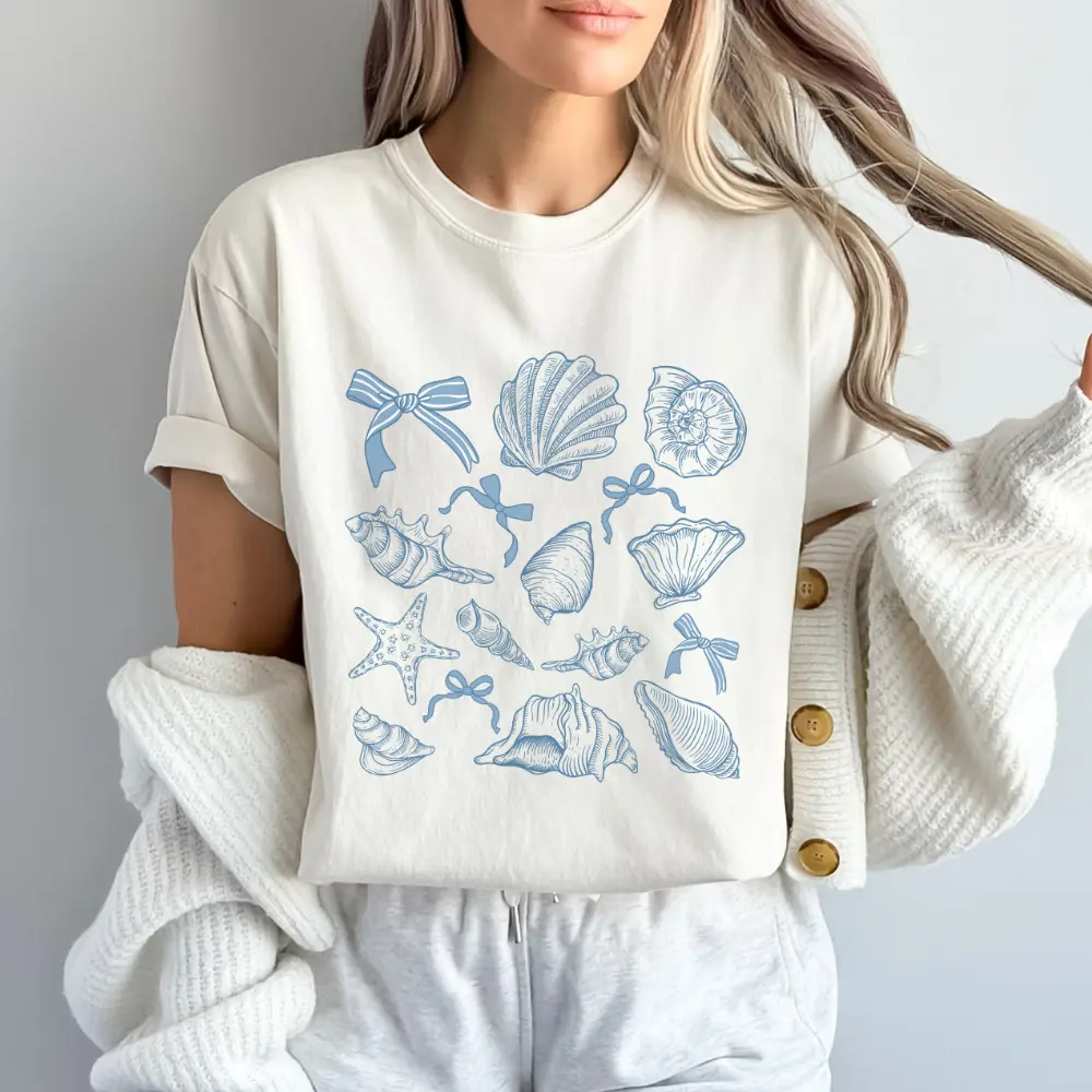 Seashells and Bows Shirt Comfort Colors Women’s Tee Beachy Cottagecore Aesthetic Graphic T-shirt Womenswear Tshirt Casual