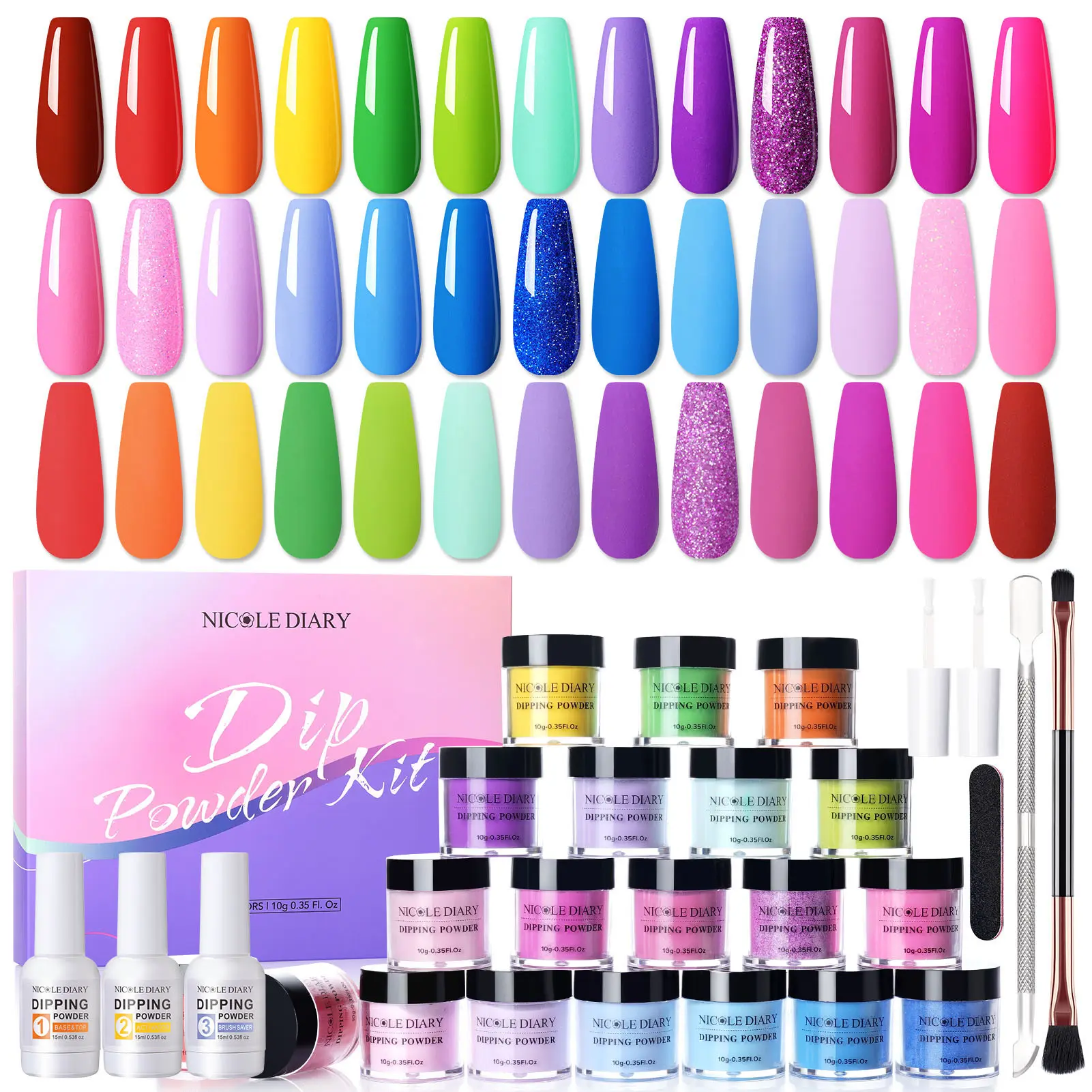 NICOLE DIARY Dip Powder 20/36 Colors 10g Neon Purple Dip Nails Powder Starter Kit with Base Activator & Top Coat for Beginners French Nail Art Salon Style Manicure Nail Care Nail Tech Supplies Nail kit Acrylic Set Gel x Nails