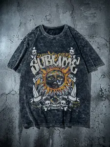 'Washed Oversized T-Shirt' "SUBLIME" Sun & Skull Rock Band Print | Edgy Punk Streetwear Aesthetic | Unisex OOTD Essential | TikTok Viral Y2K Casual Daily Wear Statement Top for Men Women 2026 Spring New Drop