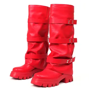 Knee High Platform Boots For Women Round Toe Chunky Block High Heel Side Zipper Buckle Straps Fashion Comfortable Party Date Dress Trendy Tall Boots