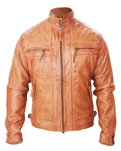Men's Tan Biker Fashion Slim Fit Pure Leather Jacket