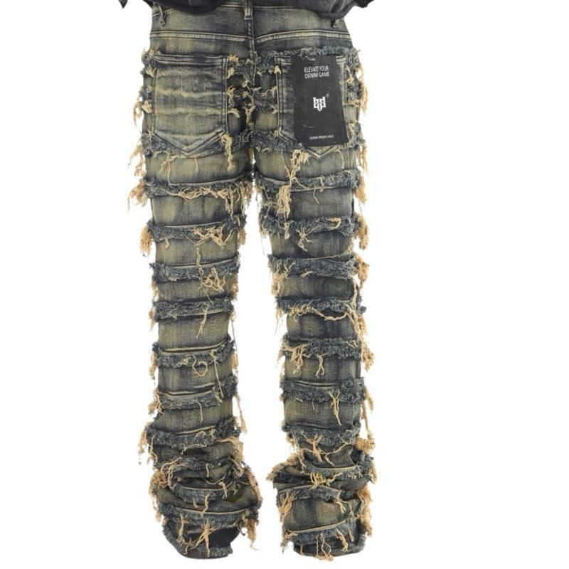 Dark Blue Vintage Tint Wash Stacked Flare Jeans Double Layer Frayed Street Style Denim with Distressed Look