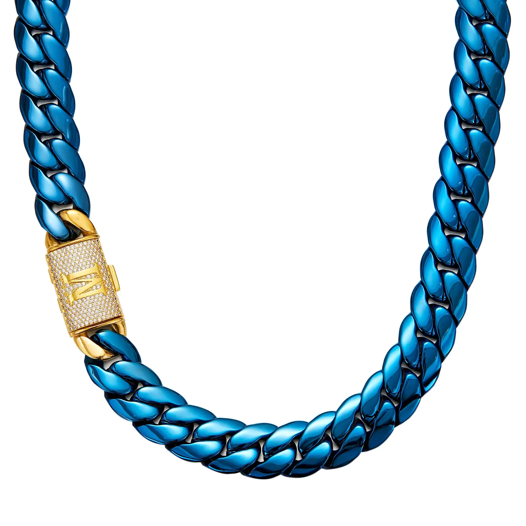 Men's 14mm Blue PVD-Coated Metal Cuban Link Chain - Hip Hop Costume Jewelry, 1.5ct Equivalent Hand-Set CZ Stones, Light-Reflective, Scratch-Resistant, Elegant Design, Gold A-Z Initial CZ Clasp, 7.5-30" Necklace/Bracelet, C