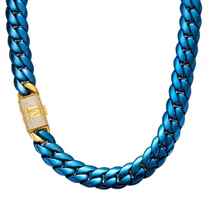 Blue Ice-out Initial Jewelry Miami Cuban Link Chain 14mm with Gold Charactor A-Z Diamond Clasp Letter Bling Hip Hop Cuban Necklace Bracelet 7.5 - 30"