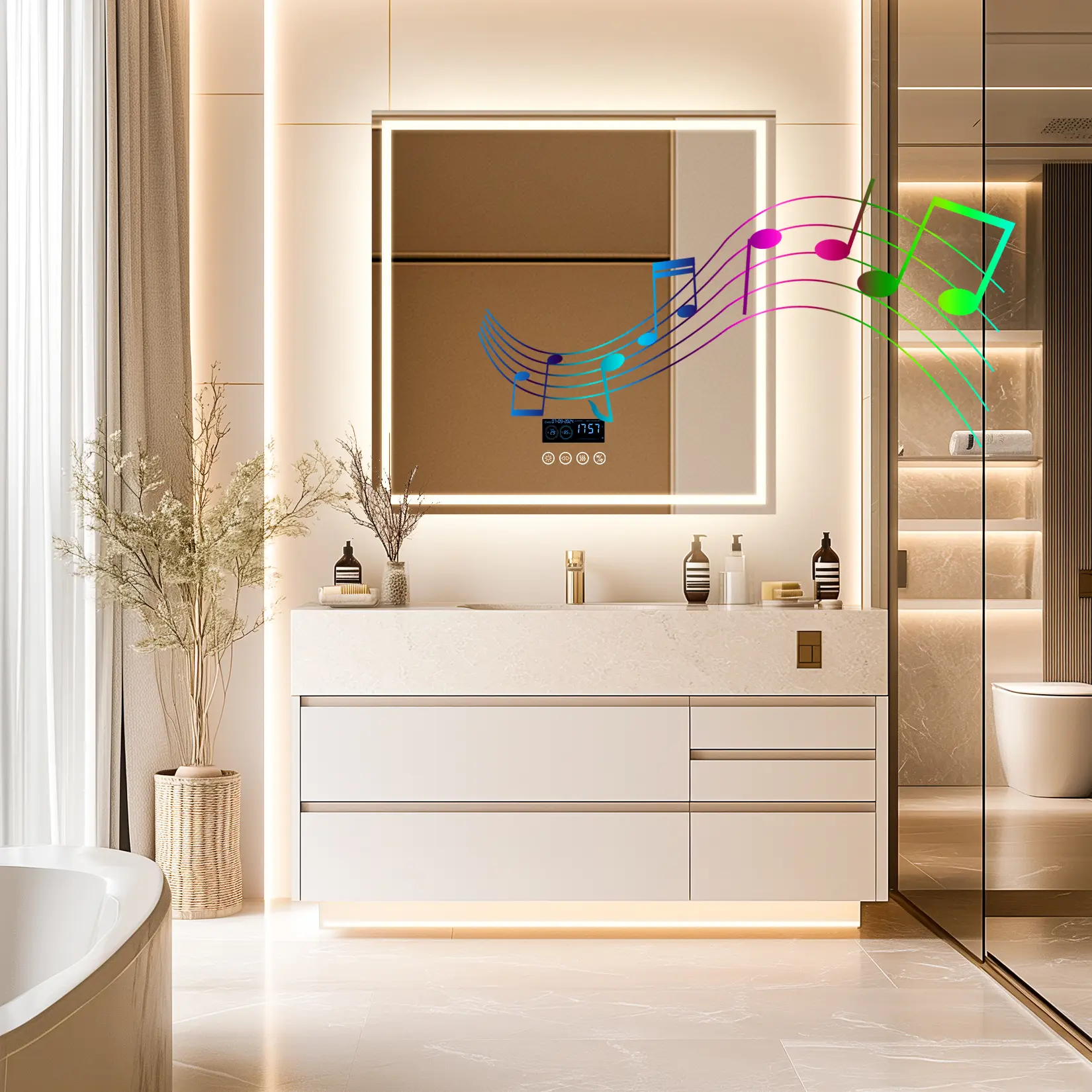 Modern 31.50x31.50 Inch Vertical Square LED Bathroom Vanity Wall Mirror, 110V-220V, Bluetooth Speaker, Double LED Strips, Glass Surface, Metal Frame, 3 Colors Adjustable Warm Lighting, Aluminium, Customizable Color Settings