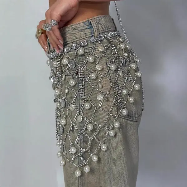 Pearl Crystal Drop Metal Mesh Chain Wrap Skirt Adjustable Waist Belt Irregular Asym Hem Sparkly Outfit For Summer Festival Beach Studio Photoshoot Item