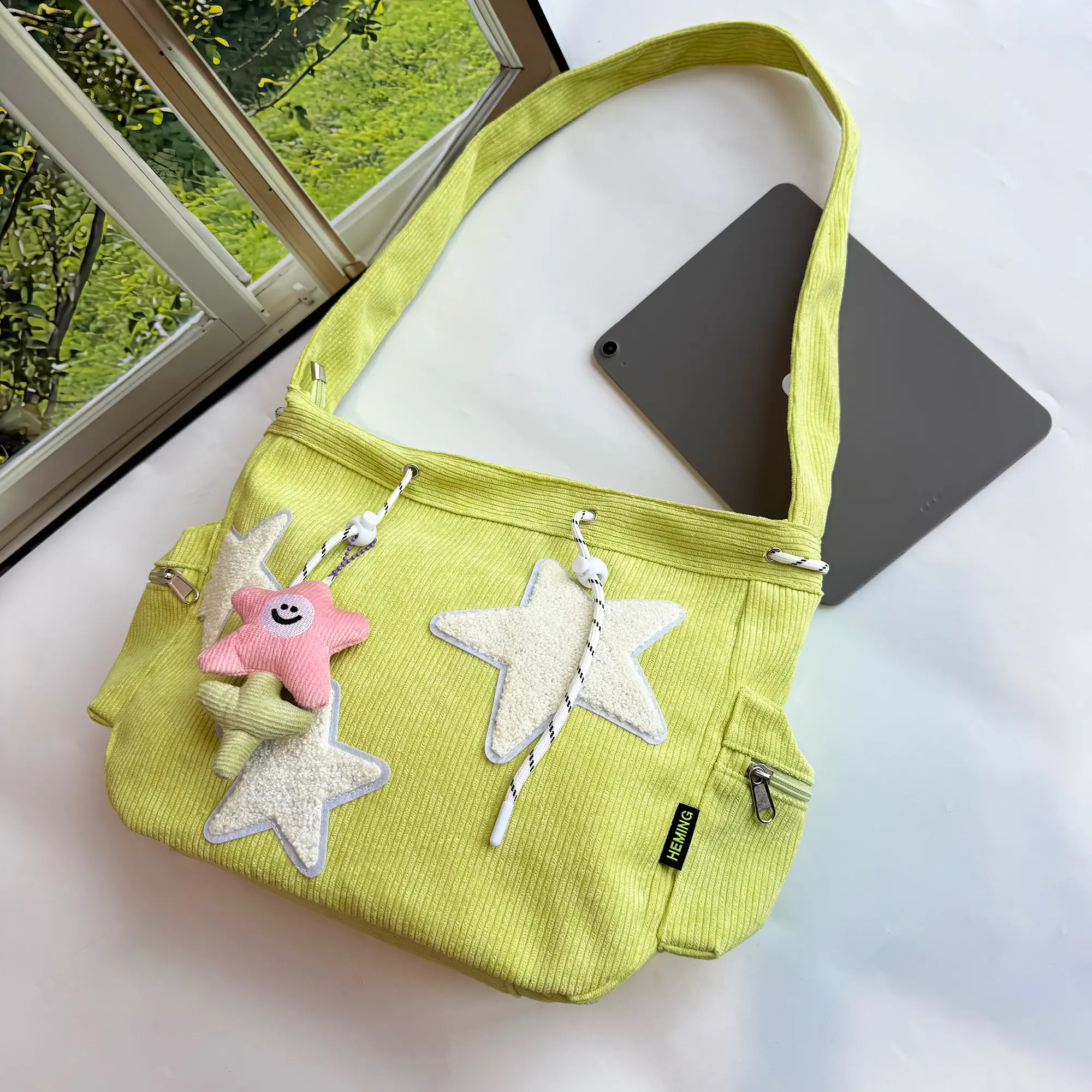 Corduroy Star Print Large Capacity Crossbody Bag, Stylish Casual Shoulder Tote with Durable Canvas, Cute Everyday Purse for Fashionable Daily Use