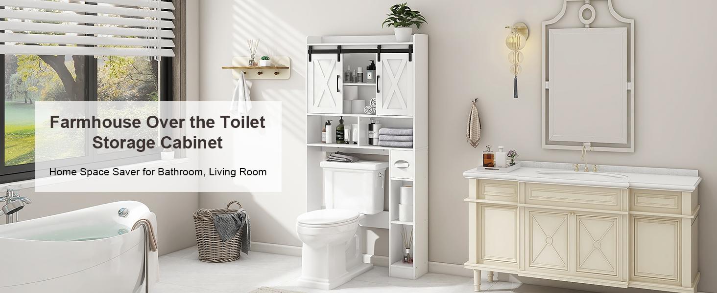 Vabches Wood Over The Toilet Storage Cabinet with Sliding Barn Doors, Farmhouse Bathroom Space Saver Organizer for Small Bathroom Laundry Room
