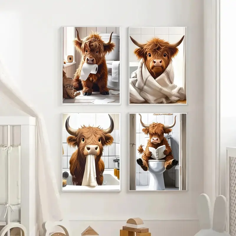 4PCS/set Frameless Highland Cow Funny Print Design Toilet Art Print Bathroom Humor Animal Wall Art Poster Decor Toilet Paper Cow Canvas Painting Bedroom Decor Wall Decoration Unframed Wall Art Artwork For Walls