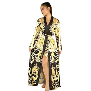 Barocco Royalty Robe, Black, White and Yellow Long Robe, Floor Length Duster Womenswear Loungewear with Pockets